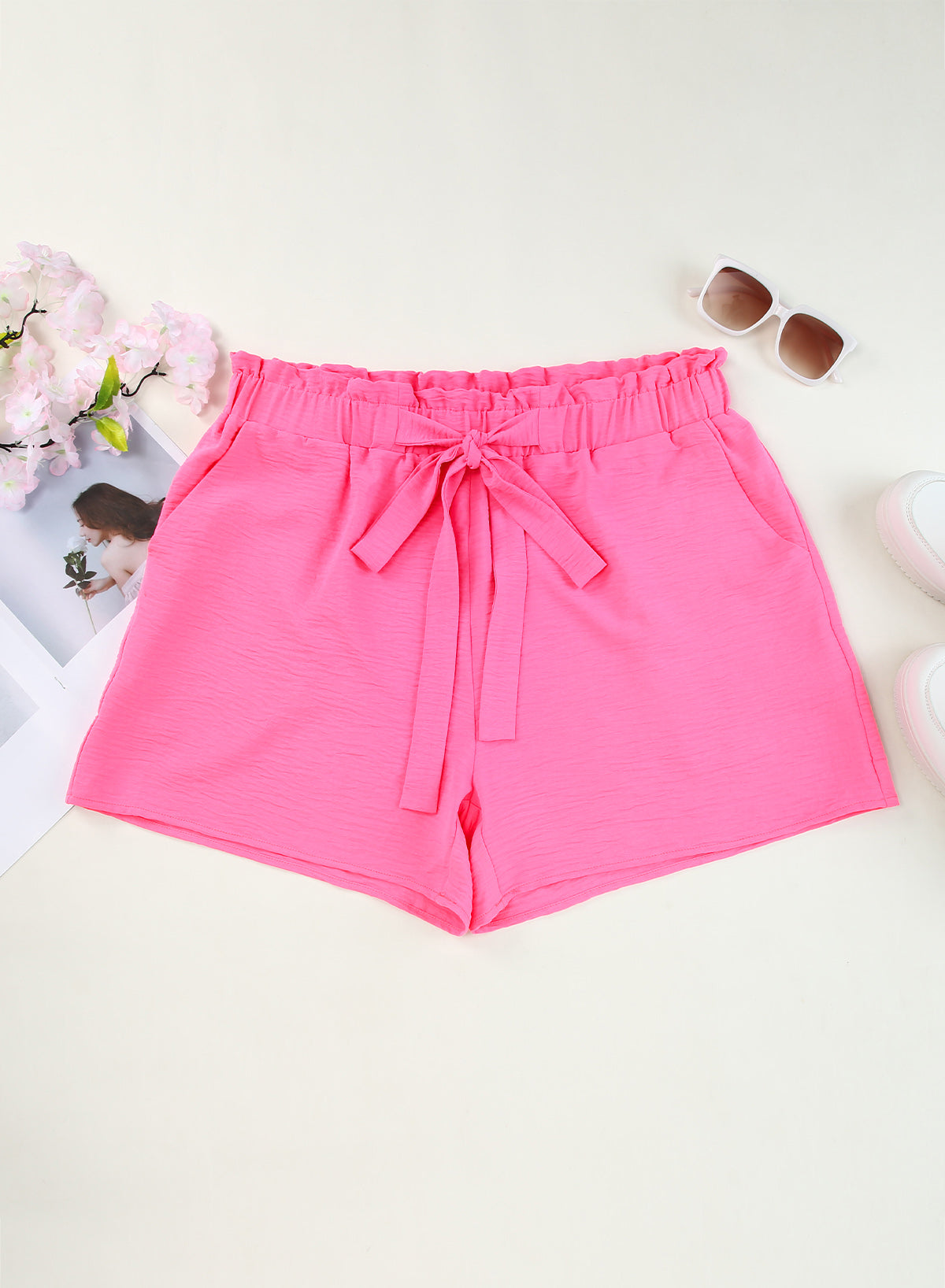 Paperbag Waist Tie Front Shorts with Pockets