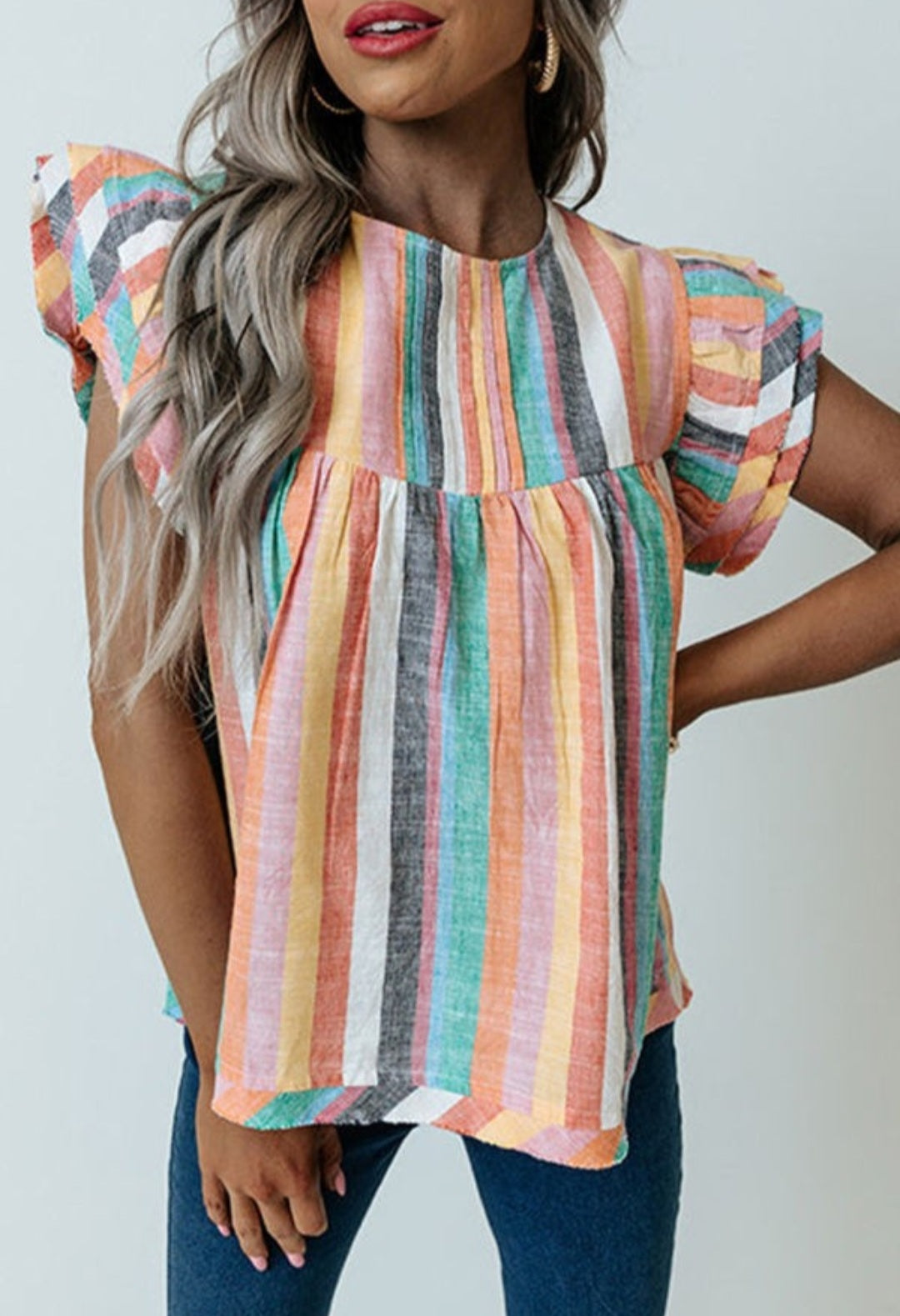 Multicolor Striped Ruffle Sleeve Top