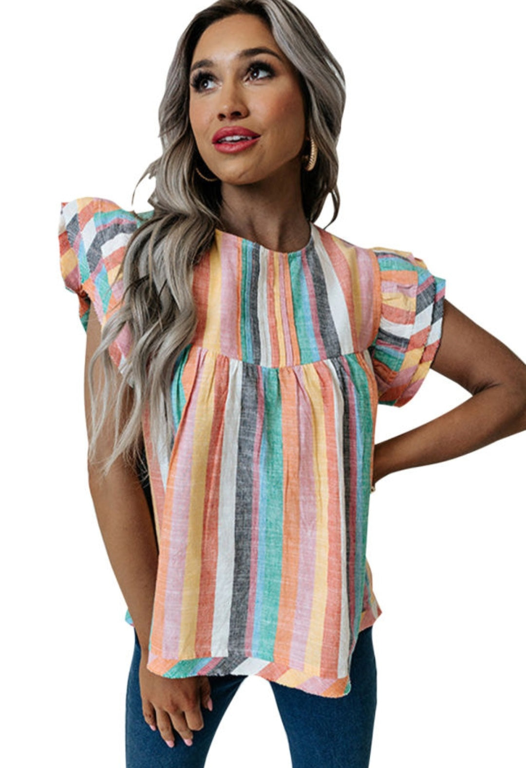 Multicolor Striped Ruffle Sleeve Top