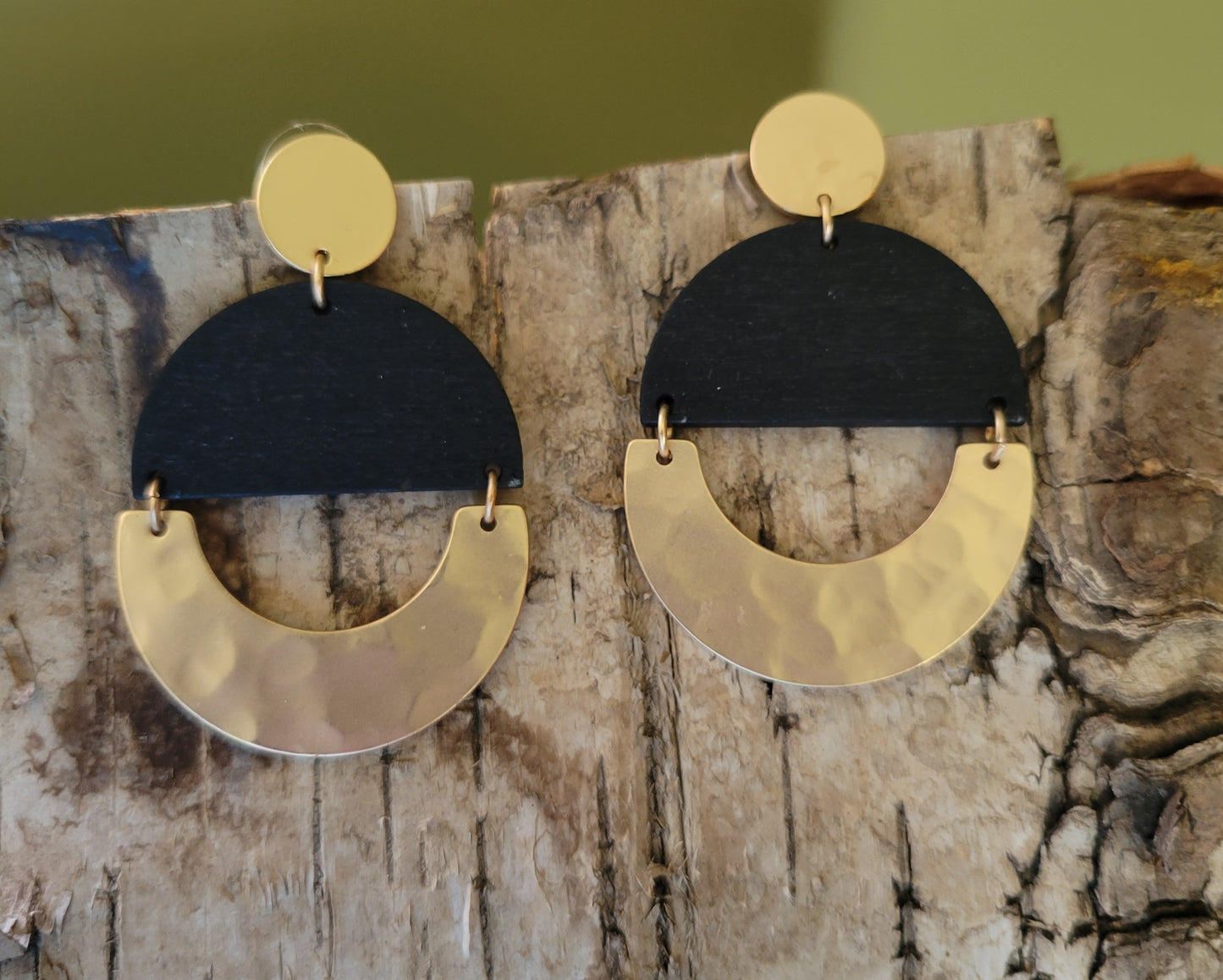 Black Wood & Gold Metal Earrings