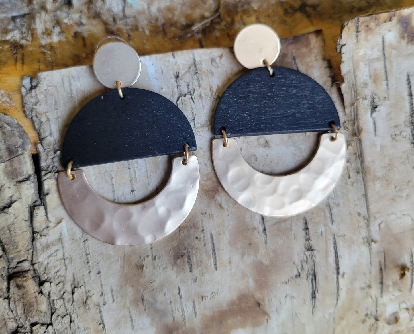 Black Wood & Gold Metal Earrings