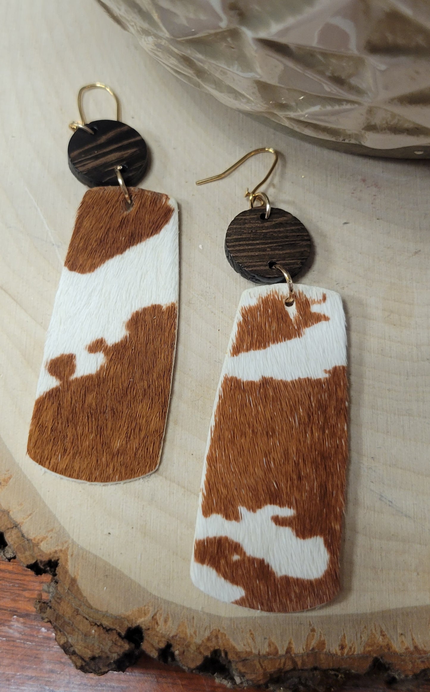 Cow Print Leather & Wood Earrings