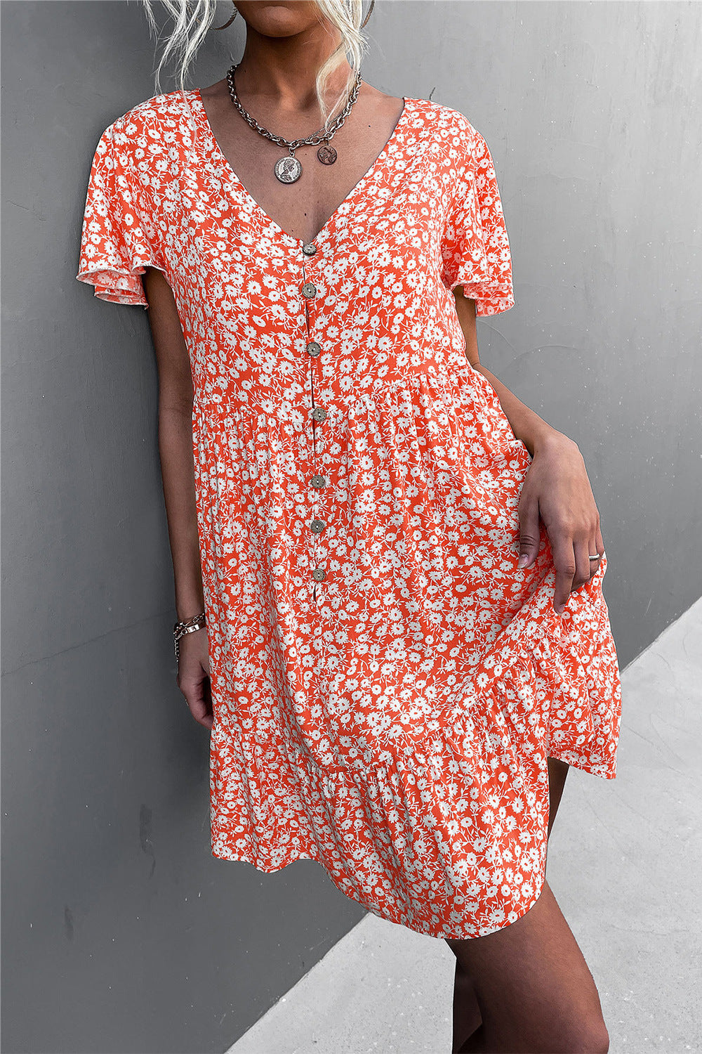 Floral Buttoned V-Neck Flutter Sleeve Dress