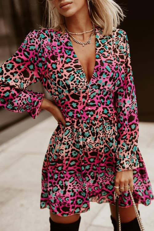 Pink Leopard V Neck Dress