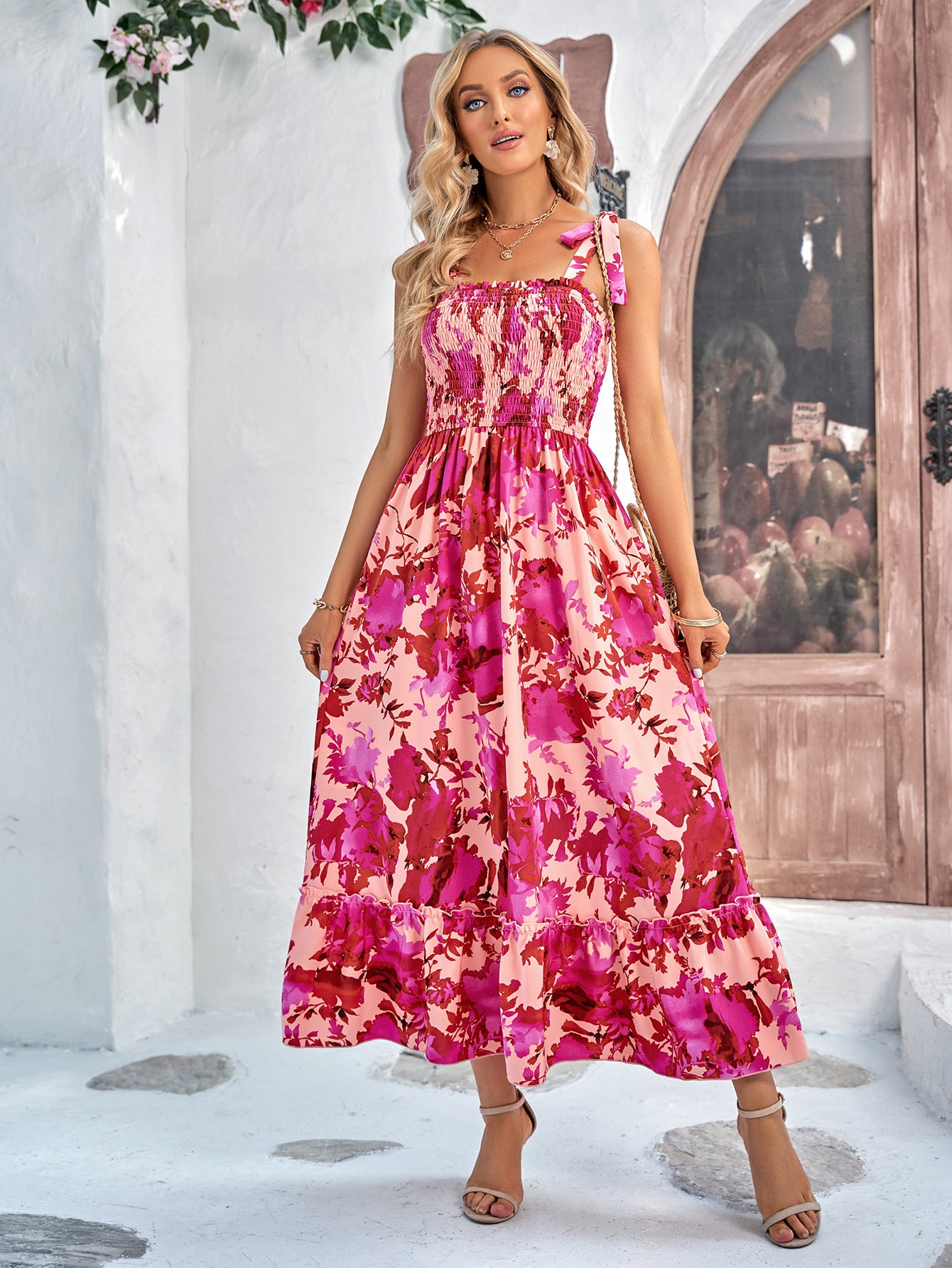 Floral Tie-Shoulder Frill Trim Smocked Dress