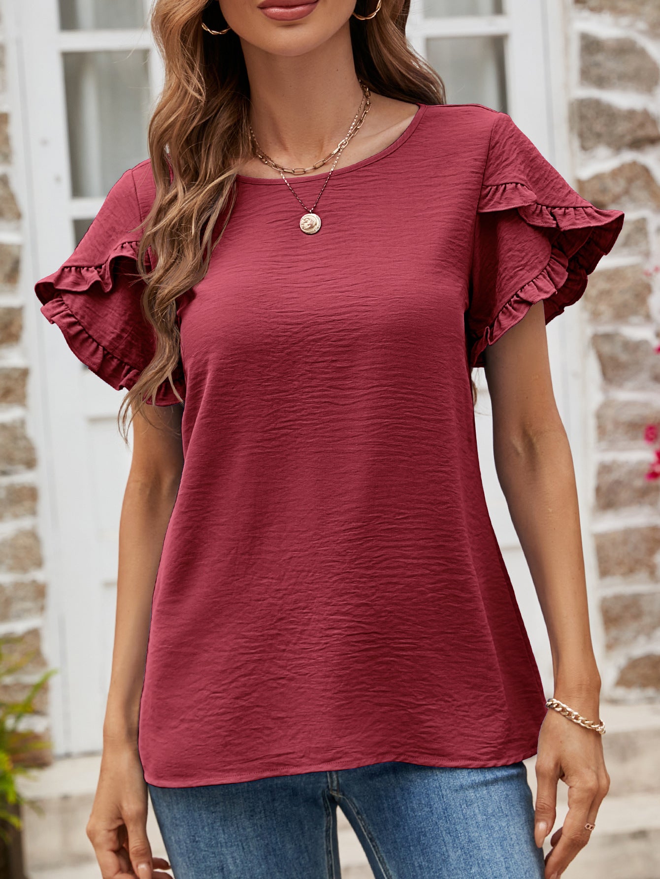 Textured Petal Sleeve Round Neck Tee – Southern Serenity Boutique