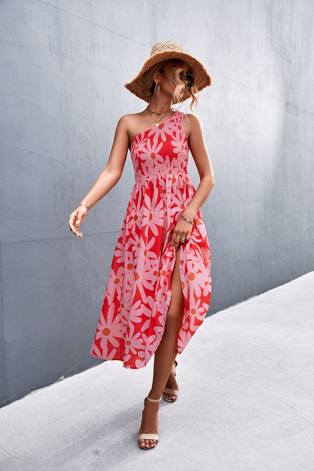 Floral Smocked One-Shoulder Midi Dress