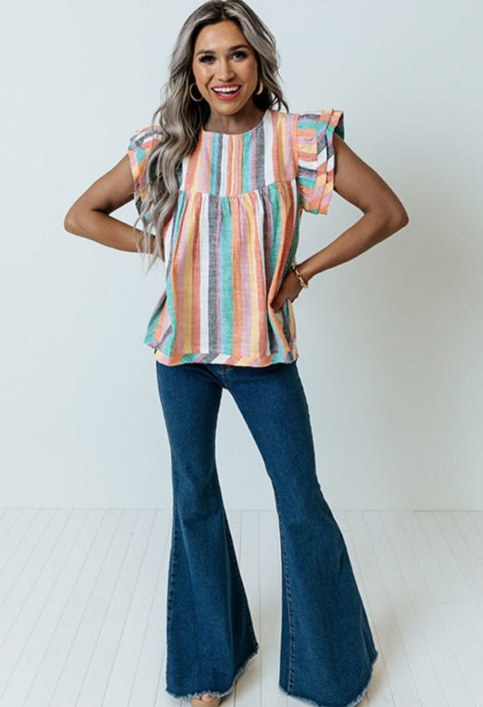 Multicolor Striped Ruffle Sleeve Top