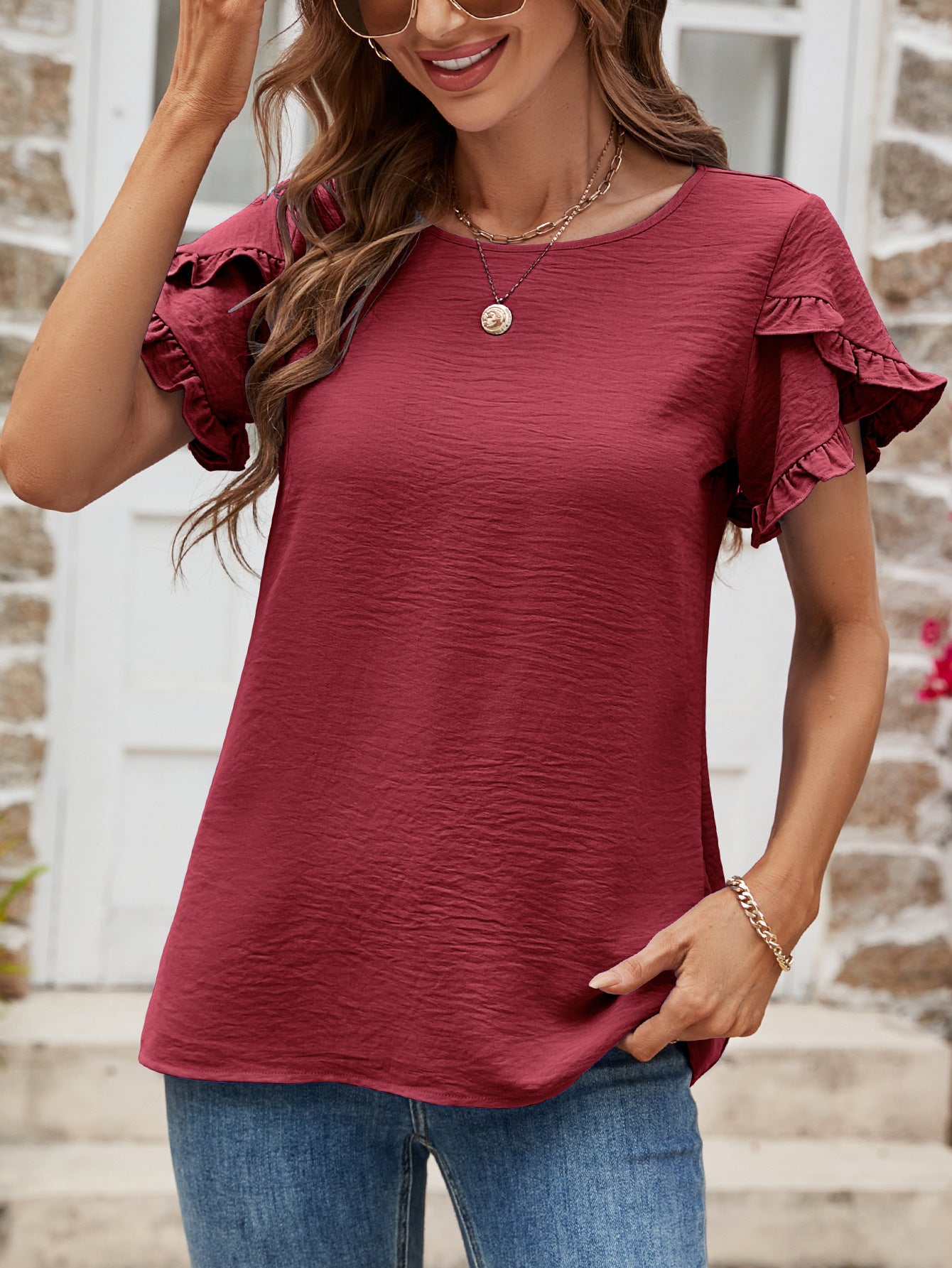 Textured Petal Sleeve Round Neck Tee – Southern Serenity Boutique