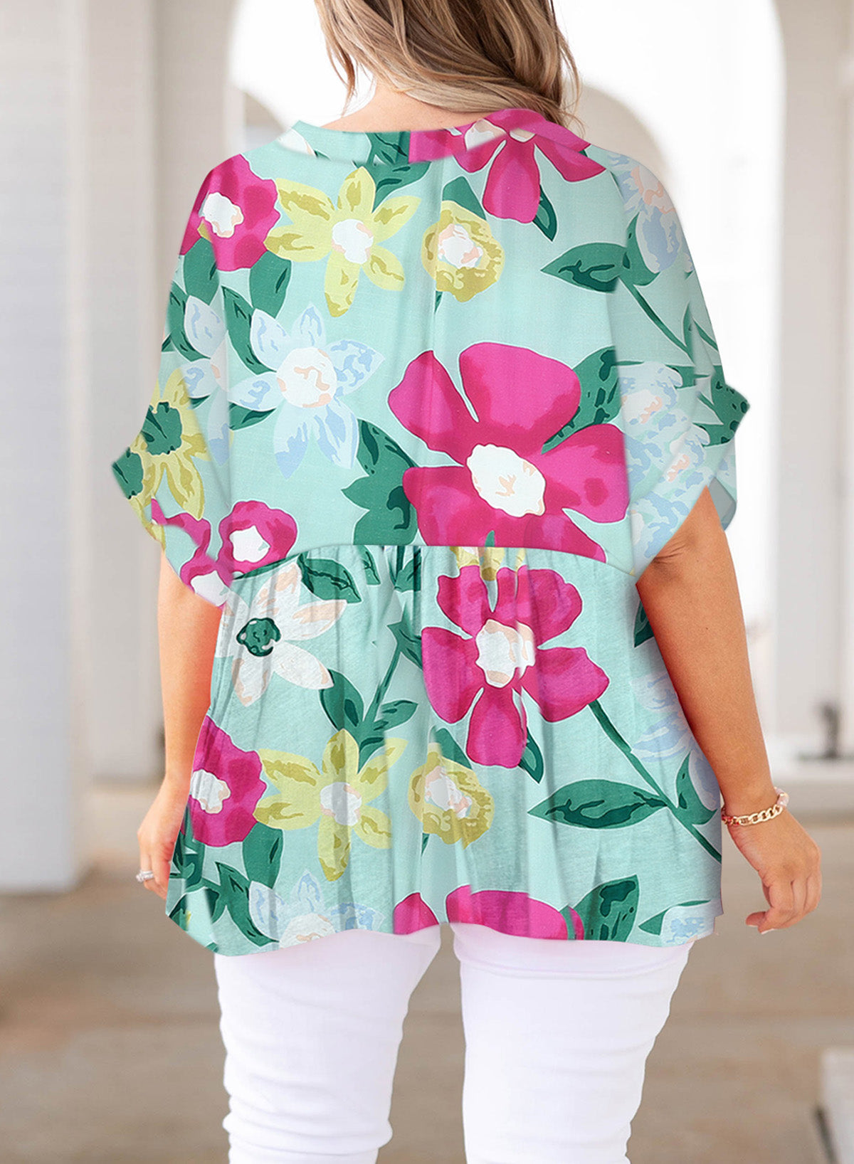 Plus Size Printed Notched Neck Half Sleeve Top