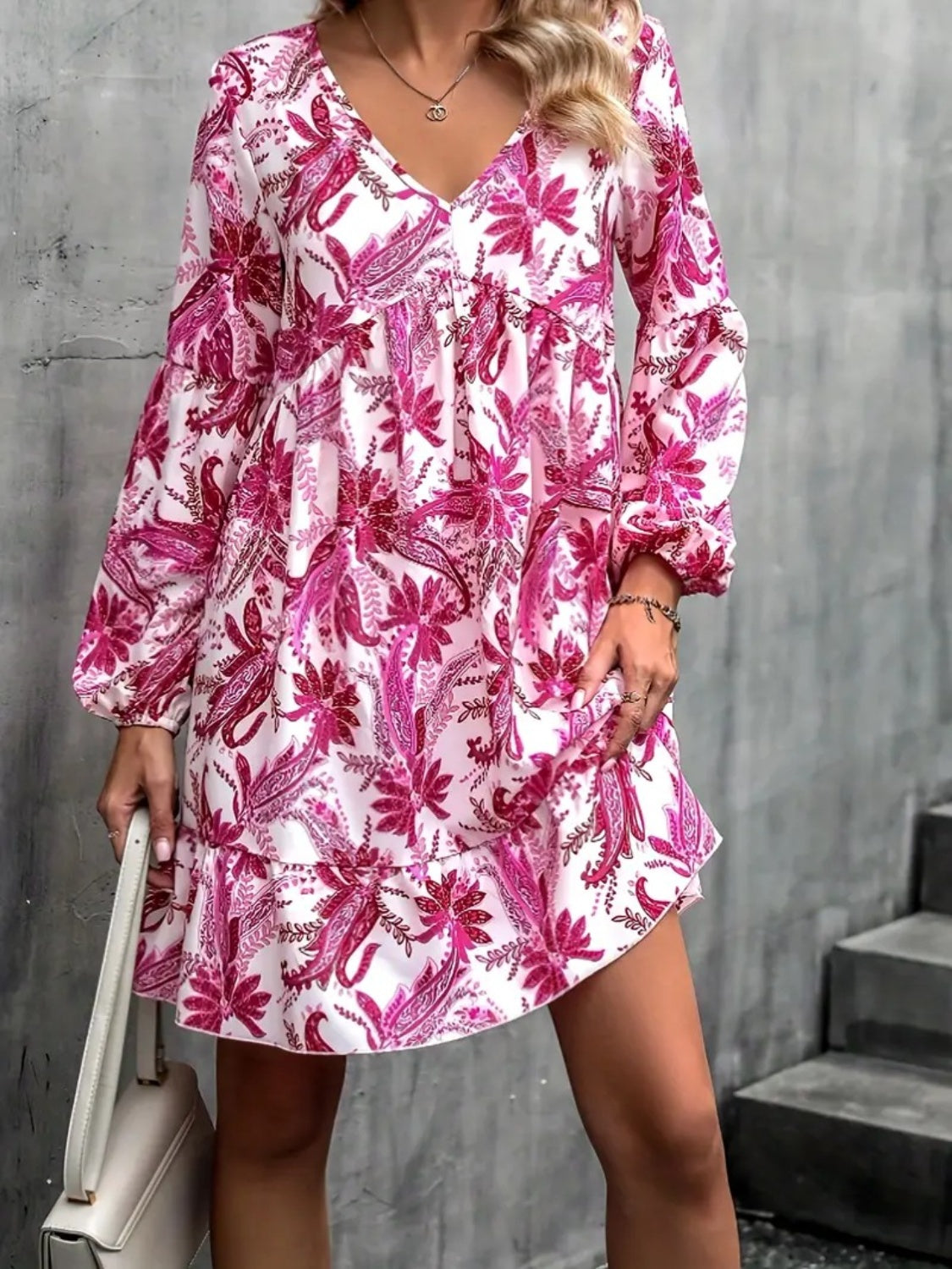 Floral V-Neck Balloon Sleeve Dress