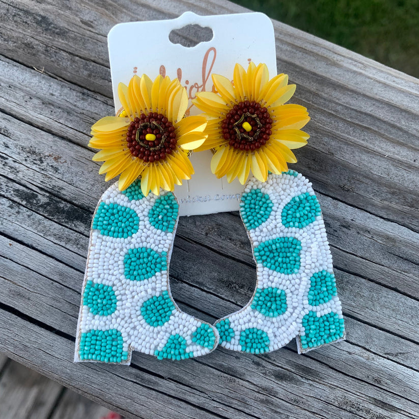 Turquoise and Sunflower Beaded Boot Earrings