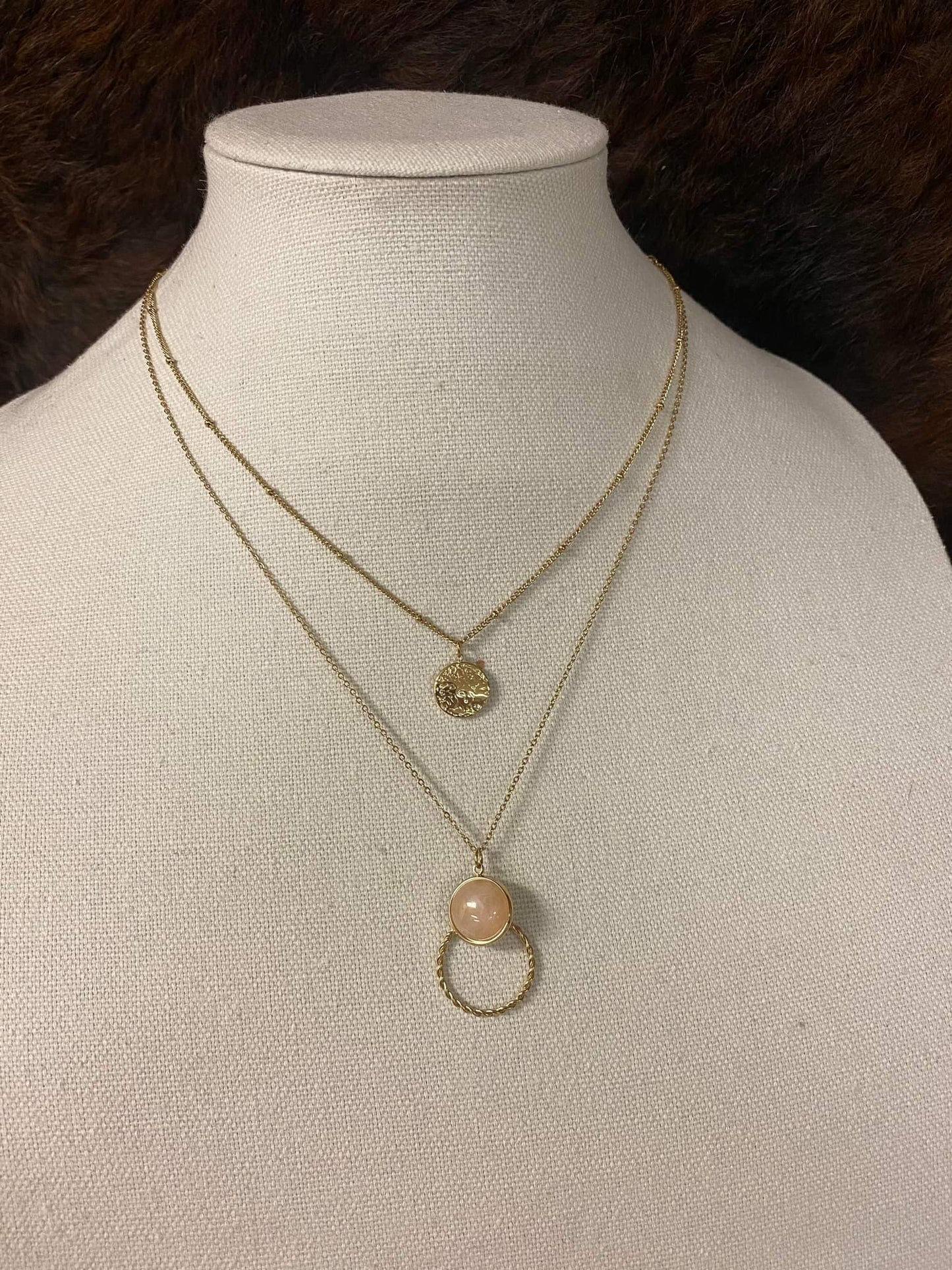 Gold Layered Light Pink Stone Necklace